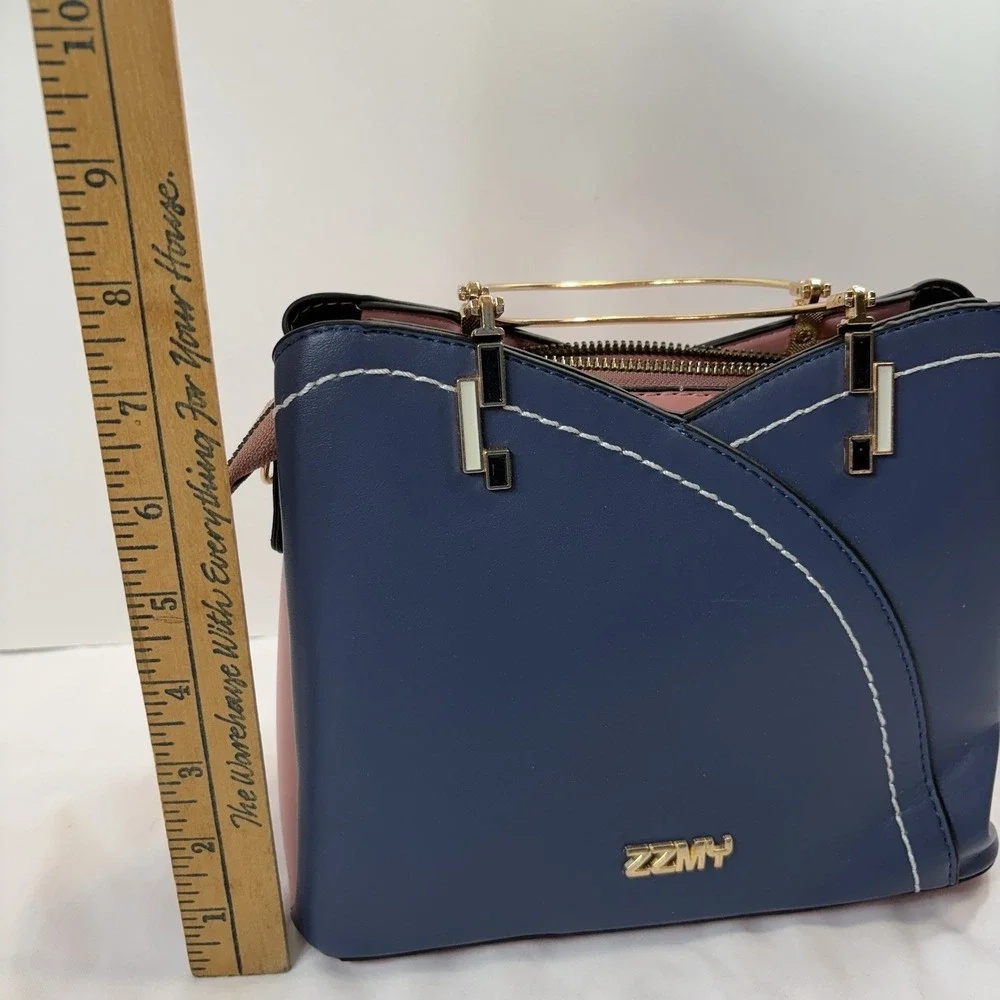 ZZMY Two-Tone Satchel Handbag Blue Pink Gold Metal Handles Structured NWOT‎